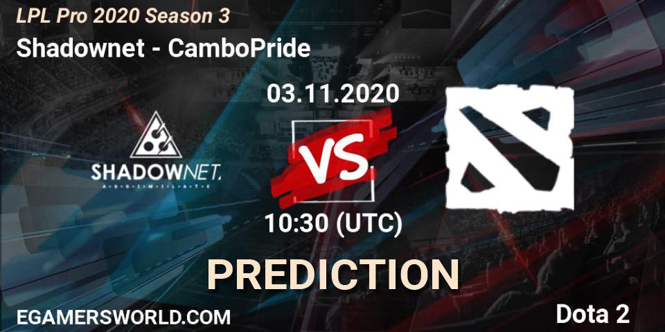 Pronósticos Shadownet - CamboPride. 03.11.2020 at 10:30. LPL Pro 2020 Season 3 - Dota 2