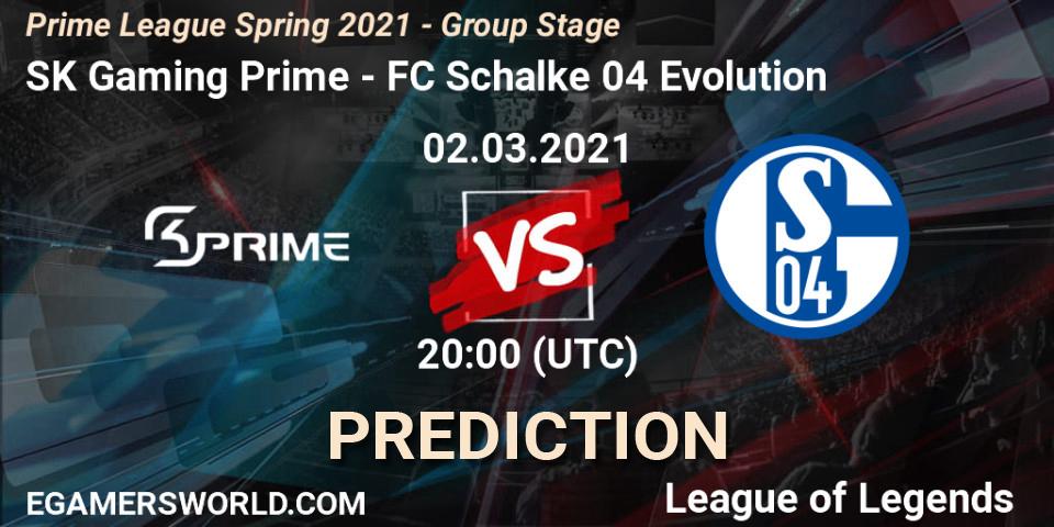 Pronósticos SK Gaming Prime - FC Schalke 04 Evolution. 02.03.2021 at 20:00. Prime League Spring 2021 - Group Stage - LoL