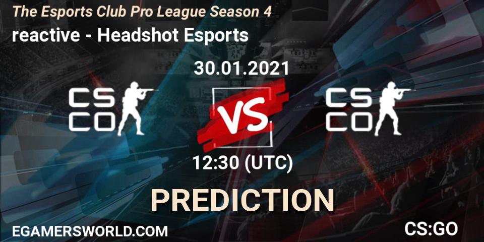 Pronósticos reactive - Headshot Esports. 30.01.2021 at 12:30. The Esports Club Pro League Season 4 - Counter-Strike (CS2)