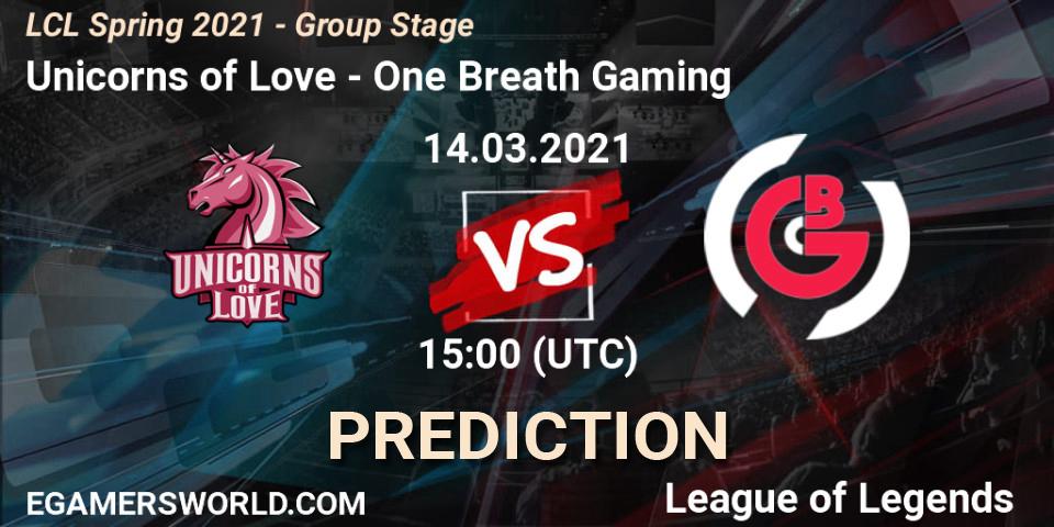 Pronósticos Unicorns of Love - One Breath Gaming. 14.03.2021 at 15:00. LCL Spring 2021 - Group Stage - LoL