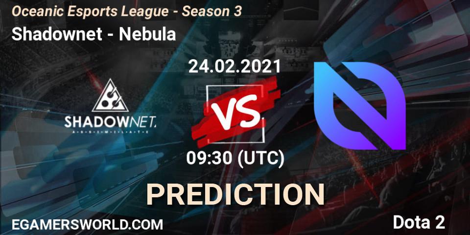 Pronósticos Shadownet - Nebula. 24.02.2021 at 09:31. Oceanic Esports League - Season 3 - Dota 2