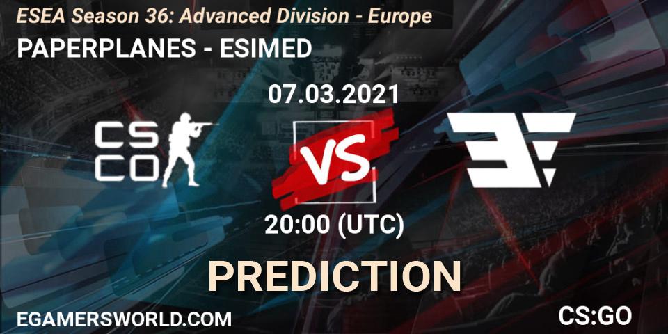 Pronósticos PAPERPLANES - ESIMED. 07.03.2021 at 20:00. ESEA Season 36: Europe - Advanced Division - Counter-Strike (CS2)