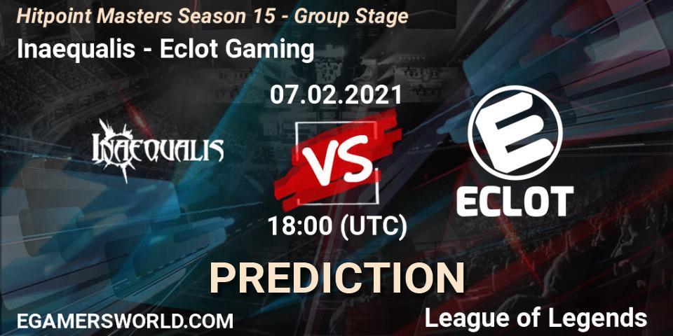 Pronósticos Inaequalis - Eclot Gaming. 07.02.2021 at 19:00. Hitpoint Masters Season 15 - Group Stage - LoL