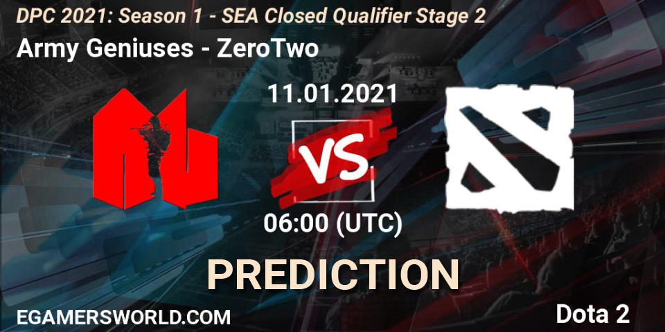 Pronósticos Army Geniuses - ZeroTwo. 11.01.2021 at 06:00. DPC 2021: Season 1 - SEA Closed Qualifier Stage 2 - Dota 2