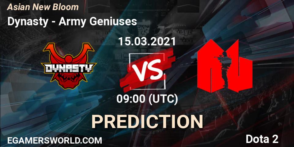Pronósticos Dynasty - Army Geniuses. 15.03.2021 at 09:35. Asian New Bloom - Dota 2