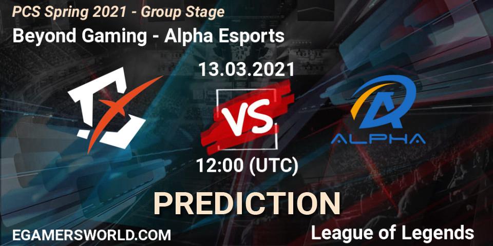 Pronósticos Beyond Gaming - Alpha Esports. 13.03.2021 at 12:00. PCS Spring 2021 - Group Stage - LoL