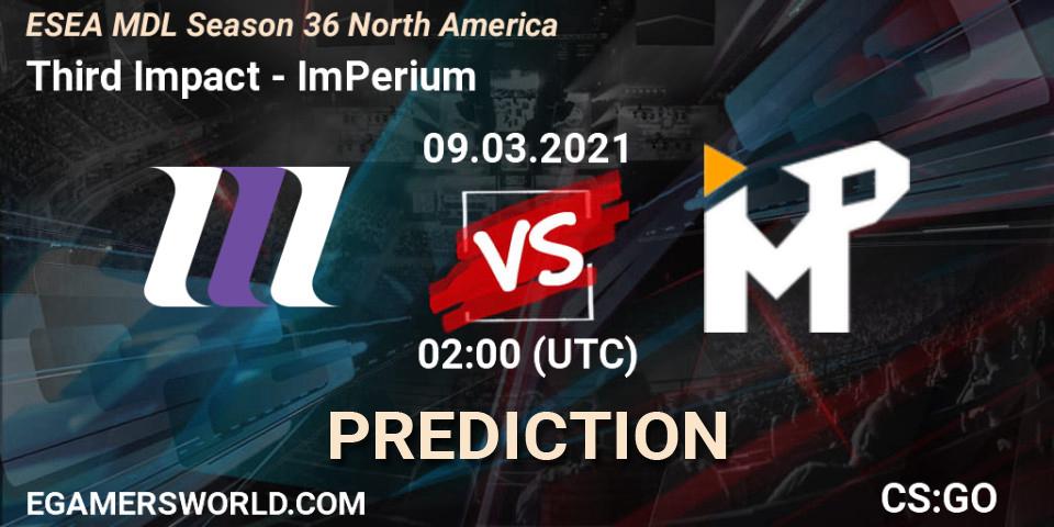 Pronósticos Third Impact - ImPerium. 09.03.2021 at 02:00. MDL ESEA Season 36: North America - Premier Division - Counter-Strike (CS2)