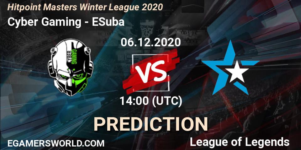 Pronósticos Cyber Gaming - ESuba. 06.12.2020 at 14:00. Hitpoint Masters Winter League 2020 - LoL