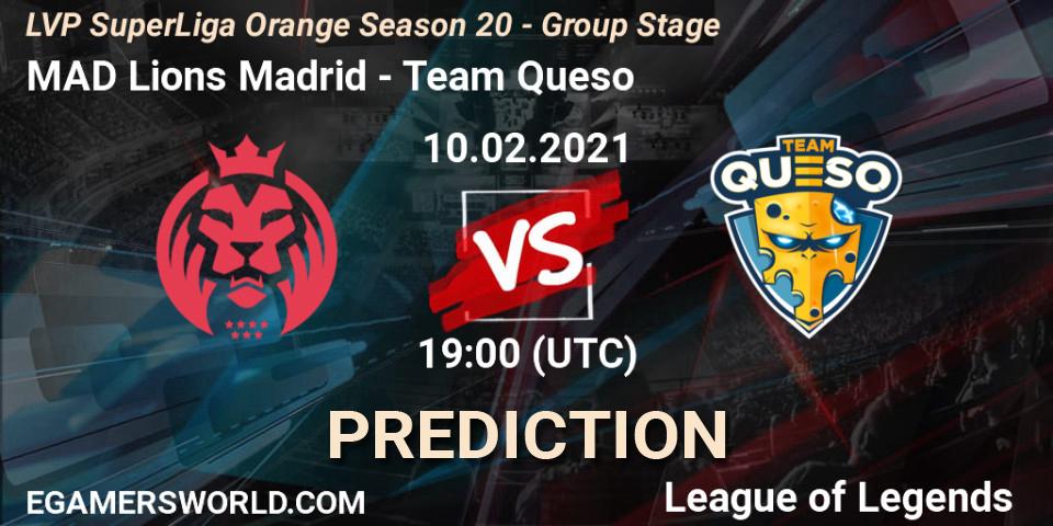 Pronósticos MAD Lions Madrid - Team Queso. 10.02.2021 at 19:15. LVP SuperLiga Orange Season 20 - Group Stage - LoL