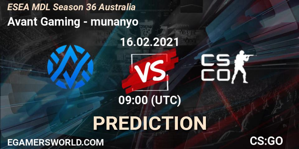 Pronósticos Avant Gaming - munanyo. 16.02.21. MDL ESEA Season 36: Australia - Premier Division - CS2 (CS:GO)