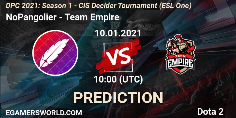 Pronósticos NoPangolier - Team Empire. 10.01.2021 at 10:00. DPC 2021: Season 1 - CIS Decider Tournament (ESL One) - Dota 2