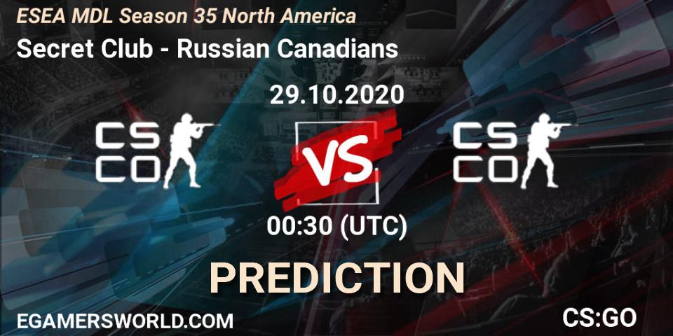 Pronósticos Secret Club - Russian Canadians. 29.10.2020 at 00:30. ESEA MDL Season 35 North America - Counter-Strike (CS2)