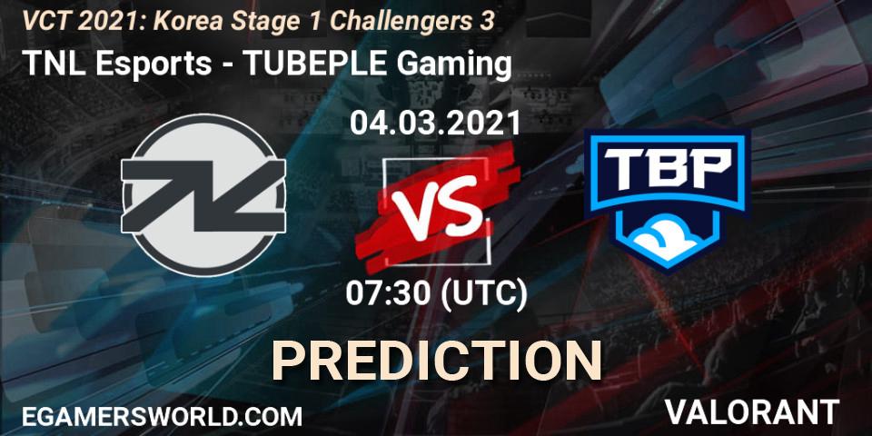 Pronósticos TNL Esports - TUBEPLE Gaming. 04.03.2021 at 07:30. VCT 2021: Korea Stage 1 Challengers 3 - VALORANT