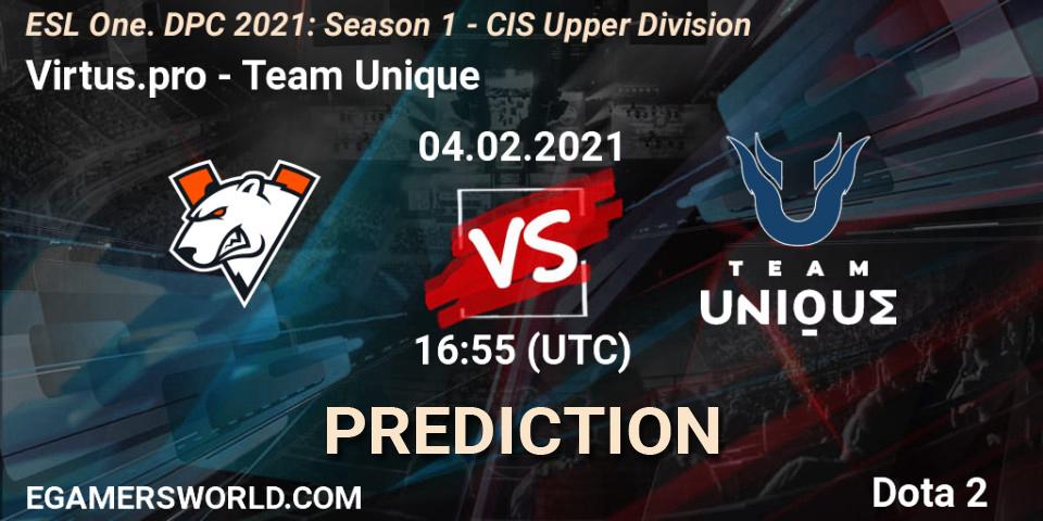 Pronósticos Virtus.pro - Team Unique. 04.02.2021 at 17:41. ESL One. DPC 2021: Season 1 - CIS Upper Division - Dota 2