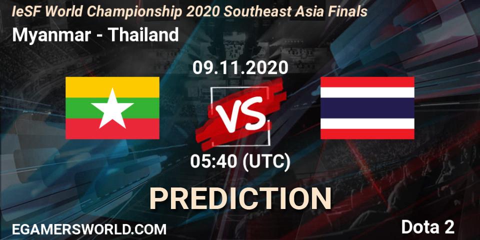 Pronósticos Myanmar - Thailand. 09.11.2020 at 05:40. IeSF World Championship 2020 Southeast Asia Finals - Dota 2