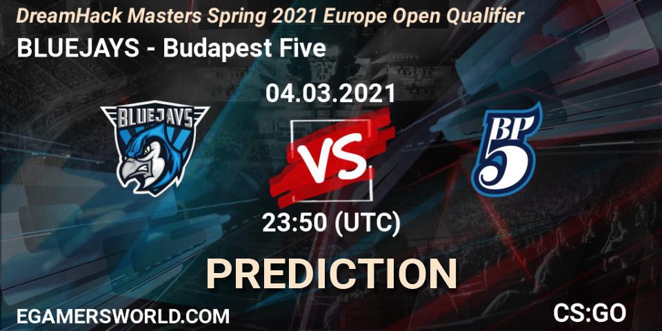 Pronósticos BLUEJAYS - Budapest Five. 04.03.2021 at 23:50. DreamHack Masters Spring 2021 Europe Open Qualifier - Counter-Strike (CS2)