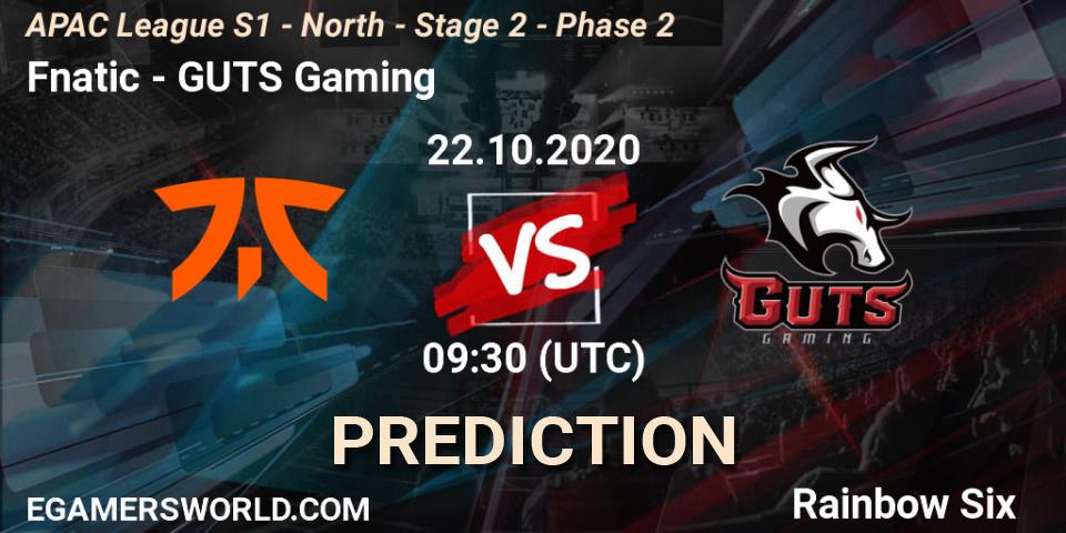 Pronósticos Fnatic - GUTS Gaming. 22.10.2020 at 09:30. APAC League S1 - North - Stage 2 - Phase 2 - Rainbow Six