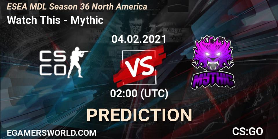 Pronósticos Watch This - Mythic. 04.02.2021 at 02:00. MDL ESEA Season 36: North America - Premier Division - Counter-Strike (CS2)