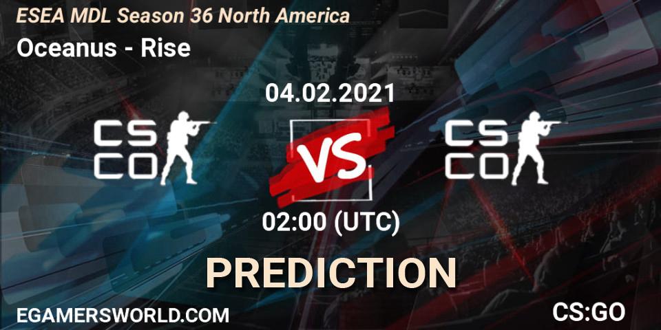 Pronósticos Oceanus - Rise. 18.02.2021 at 02:00. MDL ESEA Season 36: North America - Premier Division - Counter-Strike (CS2)