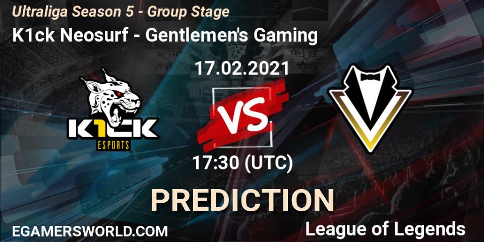 Pronósticos K1ck Neosurf - Gentlemen's Gaming. 17.02.2021 at 17:30. Ultraliga Season 5 - Group Stage - LoL