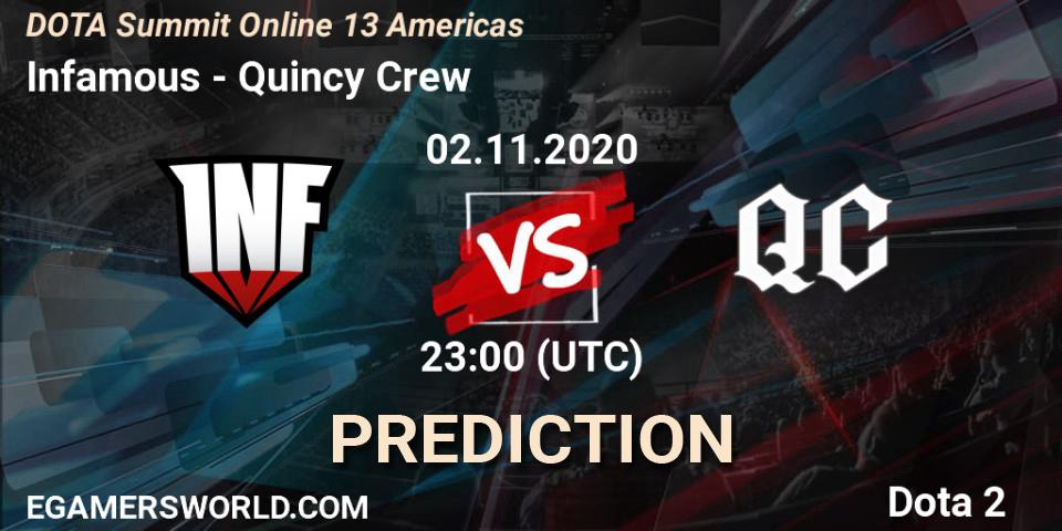 Pronósticos Infamous - Quincy Crew. 02.11.2020 at 23:19. DOTA Summit 13: Americas - Dota 2