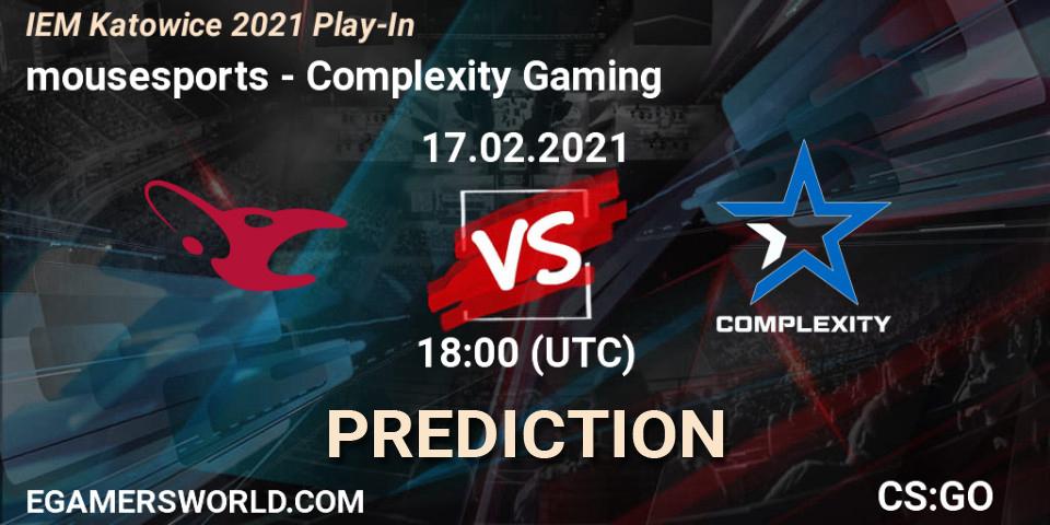 Pronósticos mousesports - Complexity Gaming. 17.02.2021 at 18:15. IEM Katowice 2021 Play-In - Counter-Strike (CS2)