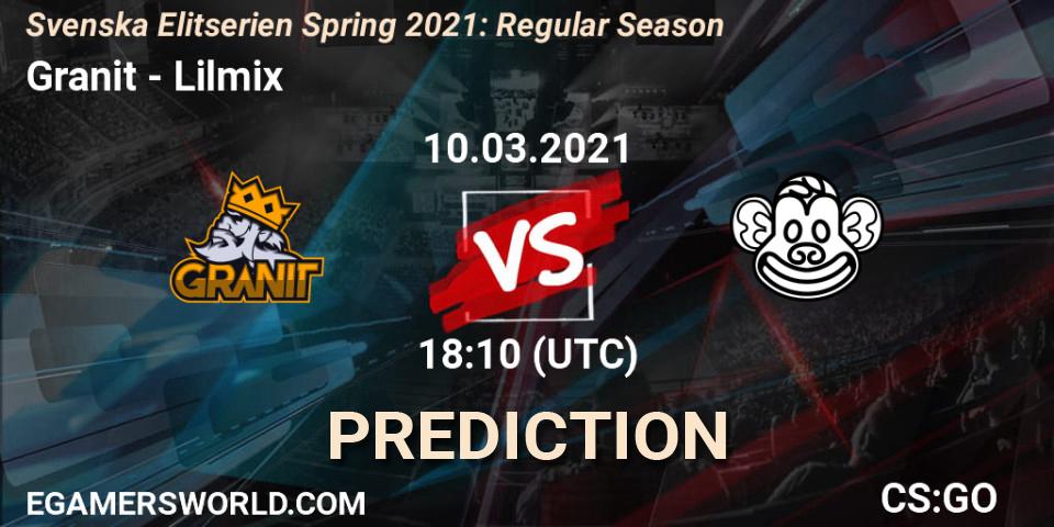 Pronósticos Granit - Lilmix. 10.03.2021 at 18:10. Svenska Elitserien Spring 2021: Regular Season - Counter-Strike (CS2)