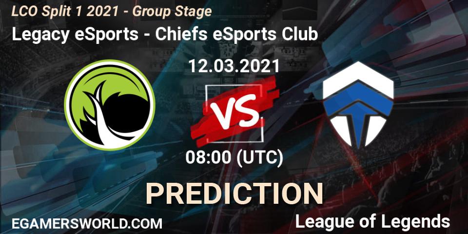Pronósticos Legacy eSports - Chiefs eSports Club. 12.03.2021 at 07:50. LCO Split 1 2021 - Group Stage - LoL