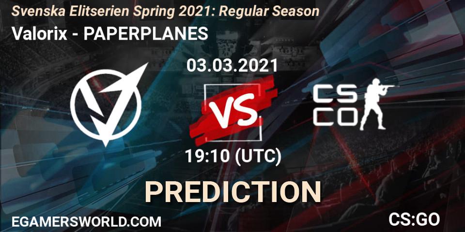 Pronósticos Valorix - PAPERPLANES. 03.03.2021 at 19:10. Svenska Elitserien Spring 2021: Regular Season - Counter-Strike (CS2)