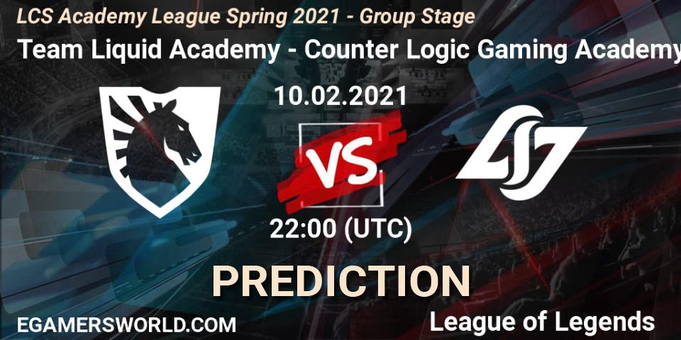 Pronósticos Team Liquid Academy - Counter Logic Gaming Academy. 10.02.2021 at 22:00. LCS Academy League Spring 2021 - Group Stage - LoL