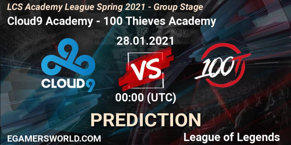 Pronósticos Cloud9 Academy - 100 Thieves Academy. 28.01.2021 at 00:00. LCS Academy League Spring 2021 - Group Stage - LoL