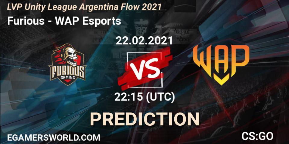 Pronósticos Furious - WAP Esports. 22.02.2021 at 22:15. LVP Unity League Argentina Apertura 2021 - Counter-Strike (CS2)