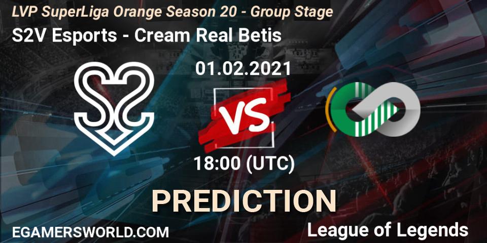 Pronósticos S2V Esports - Cream Real Betis. 01.02.2021 at 18:10. LVP SuperLiga Orange Season 20 - Group Stage - LoL
