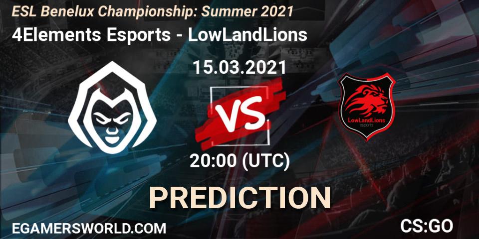 Pronósticos 4Elements Esports - LowLandLions. 15.03.2021 at 20:00. ESL Benelux Championship: Summer 2021 - Counter-Strike (CS2)