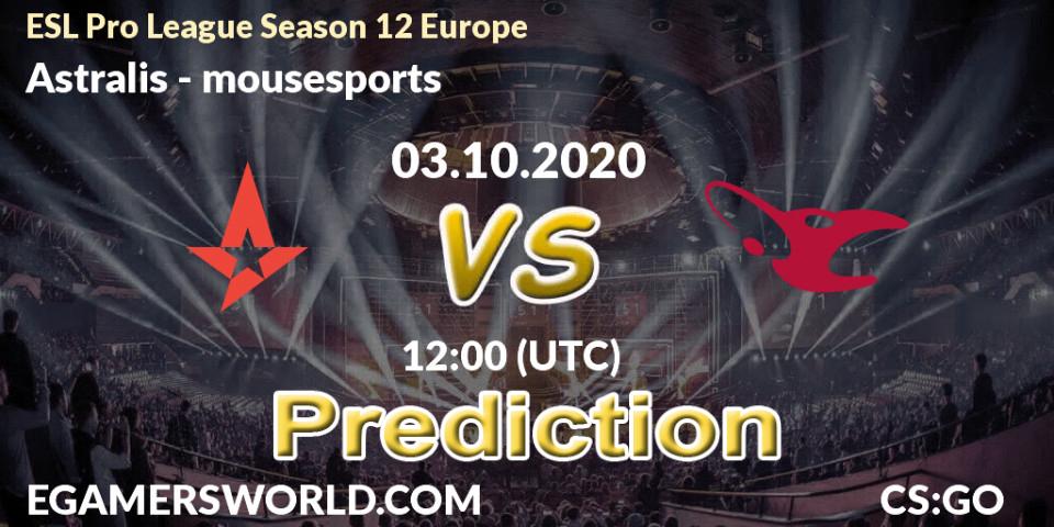 Pronósticos Astralis - mousesports. 03.10.20. ESL Pro League Season 12 Europe - CS2 (CS:GO)