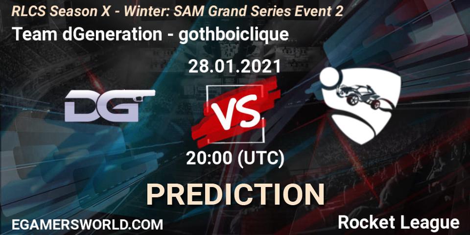 Pronósticos Team dGeneration - gothboiclique. 28.01.2021 at 20:00. RLCS Season X - Winter: SAM Grand Series Event 2 - Rocket League