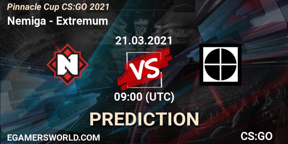 Pronósticos Nemiga - Extremum. 21.03.2021 at 09:00. Pinnacle Cup #1 - Counter-Strike (CS2)