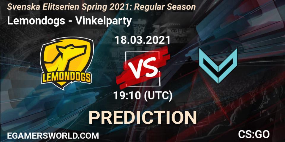 Pronósticos Lemondogs - Vinkelparty. 18.03.2021 at 19:10. Svenska Elitserien Spring 2021: Regular Season - Counter-Strike (CS2)