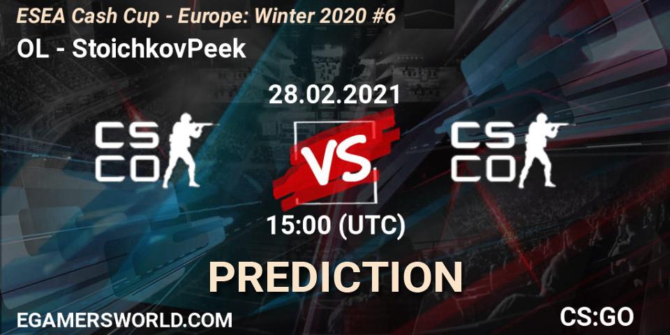Pronósticos OL - StoichkovPeek. 28.02.2021 at 15:00. ESEA Cash Cup - Europe: Winter 2020 #6 - Counter-Strike (CS2)