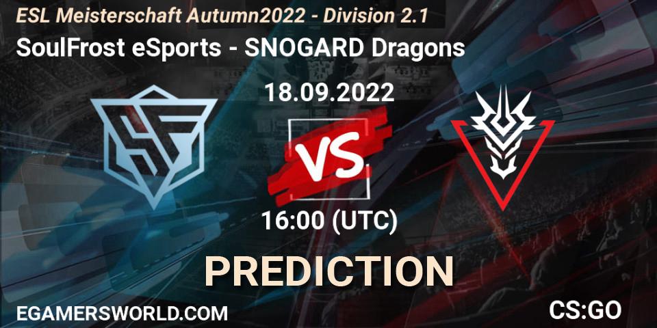 Pronósticos SoulFrost eSports - SNOGARD Dragons. 18.09.2022 at 16:00. ESL Meisterschaft Autumn 2022 - Division 2.1 - Counter-Strike (CS2)