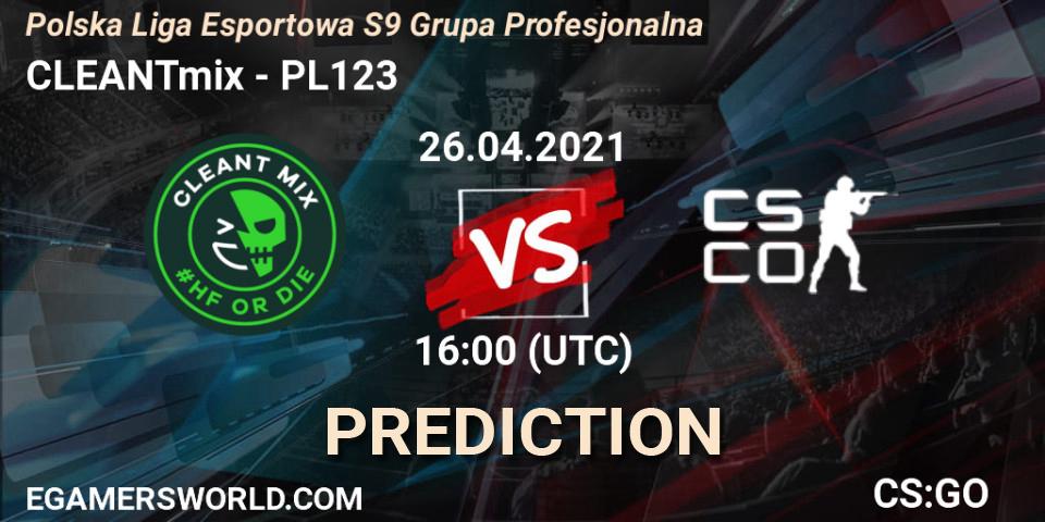 Pronósticos CLEANTmix - PL123. 27.04.2021 at 19:00. Polska Liga Esportowa S9 Grupa Profesjonalna - Counter-Strike (CS2)
