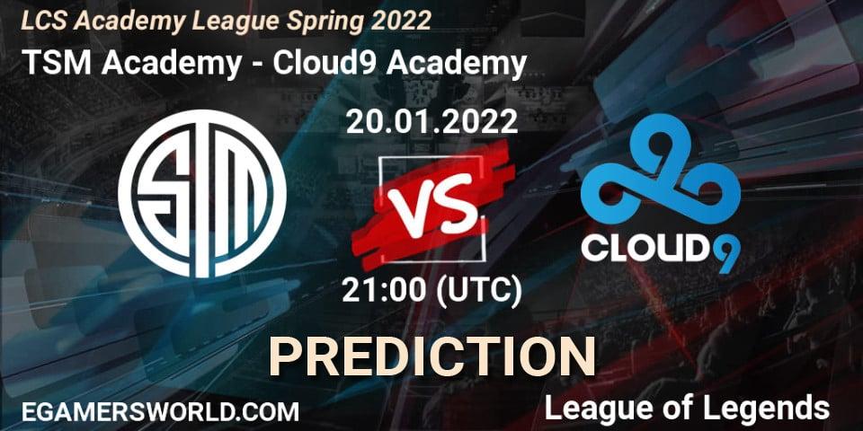 Pronósticos TSM Academy - Cloud9 Academy. 20.01.2022 at 21:00. LCS Academy League Spring 2022 - LoL