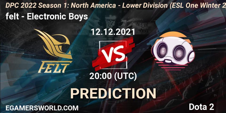 Pronósticos felt - Electronic Boys. 12.12.21. DPC 2022 Season 1: North America - Lower Division (ESL One Winter 2021) - Dota 2
