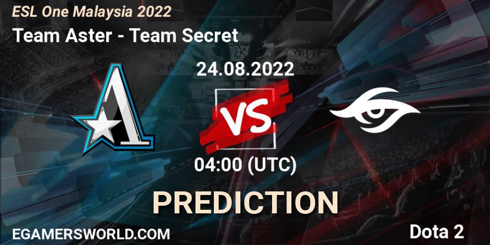 Pronósticos Team Aster - Team Secret. 24.08.2022 at 04:02. ESL One Malaysia 2022 - Dota 2