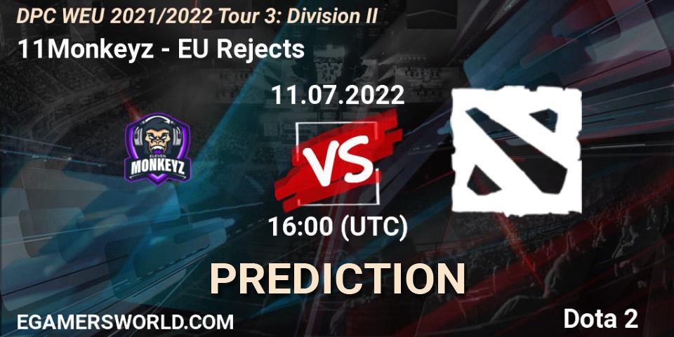 Pronósticos 11Monkeyz - EU Rejects. 11.07.2022 at 15:55. DPC WEU 2021/2022 Tour 3: Division II - Dota 2