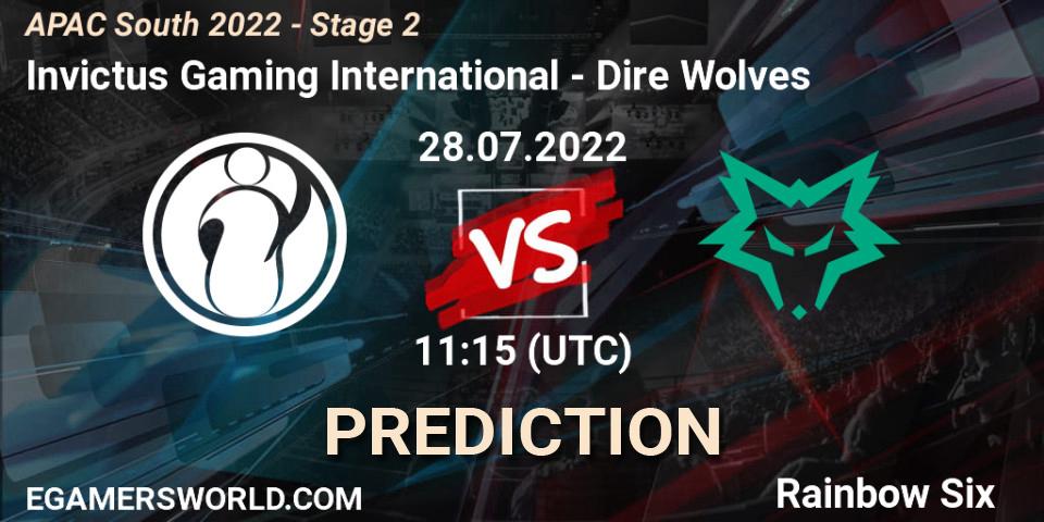 Pronósticos Invictus Gaming International - Dire Wolves. 28.07.2022 at 11:15. APAC South 2022 - Stage 2 - Rainbow Six
