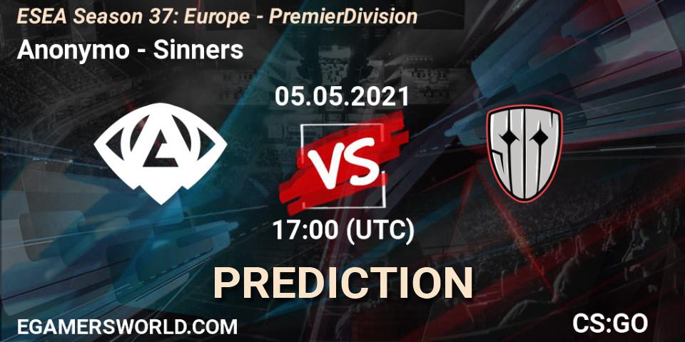 Pronósticos Anonymo - Sinners. 05.05.2021 at 17:00. ESEA Season 37: Europe - Premier Division - Counter-Strike (CS2)