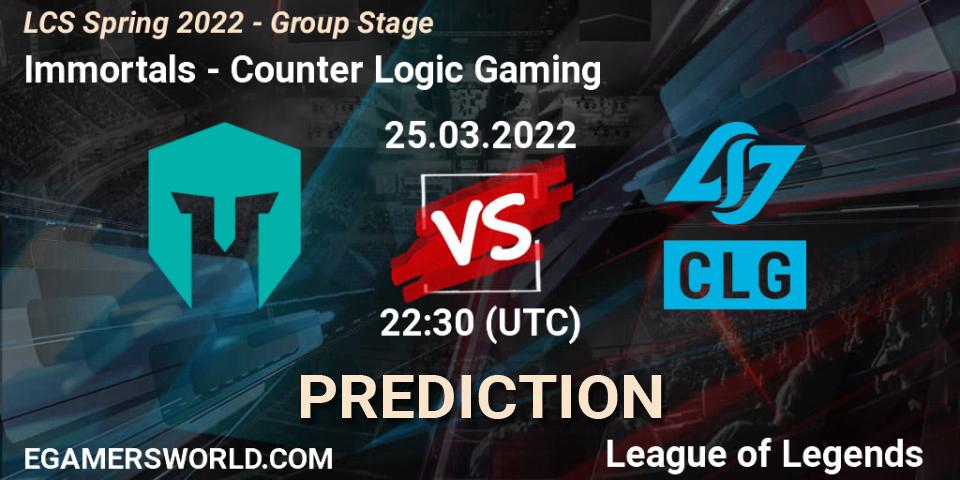 Pronósticos Immortals - Counter Logic Gaming. 26.03.2022 at 00:30. LCS Spring 2022 - Group Stage - LoL