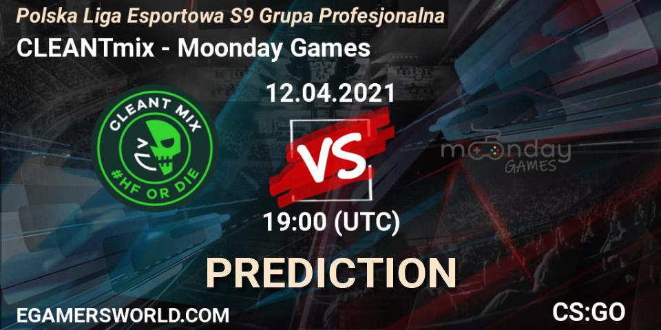 Pronósticos CLEANTmix - Moonday Games. 12.04.2021 at 19:30. Polska Liga Esportowa S9 Grupa Profesjonalna - Counter-Strike (CS2)