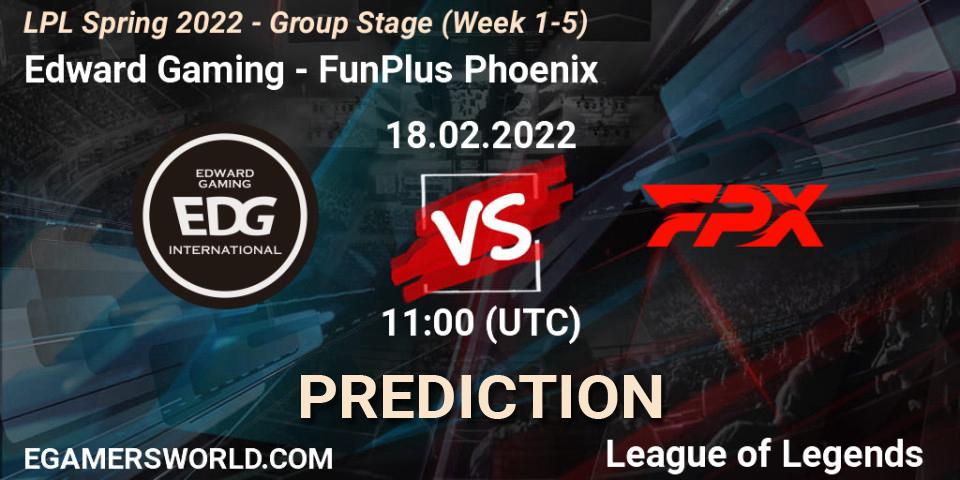 Pronósticos Edward Gaming - FunPlus Phoenix. 18.02.2022 at 12:25. LPL Spring 2022 - Group Stage (Week 1-5) - LoL